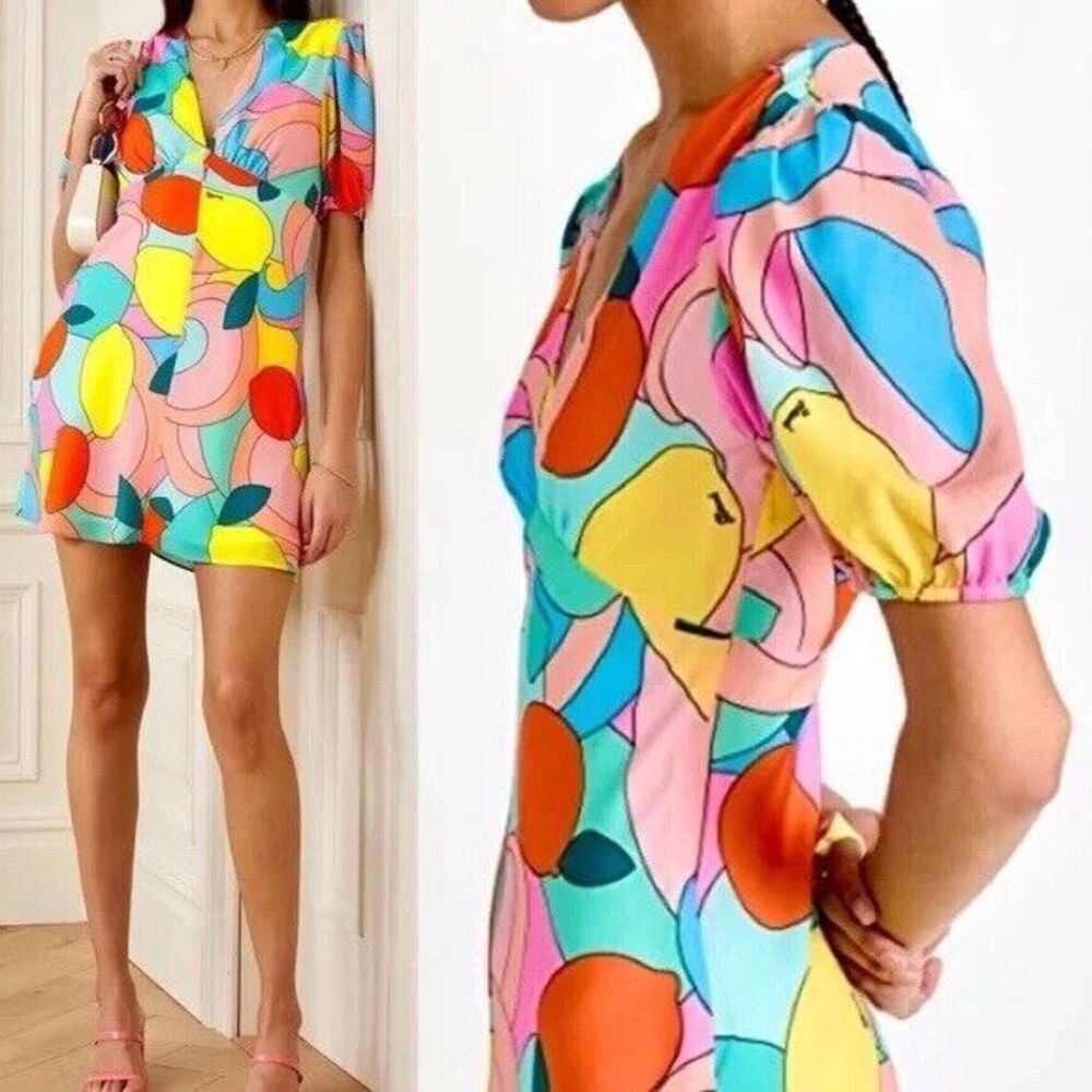 Women's Mini Dress Staud Milla in Citrus Kaleidoscope Size 00 $265 Spring Outfit